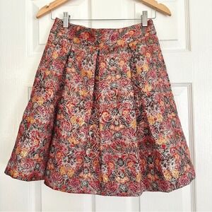 Anthropologie Rosia Brocade Red & Gold Floral Metallic Pleated Skirt Size Small